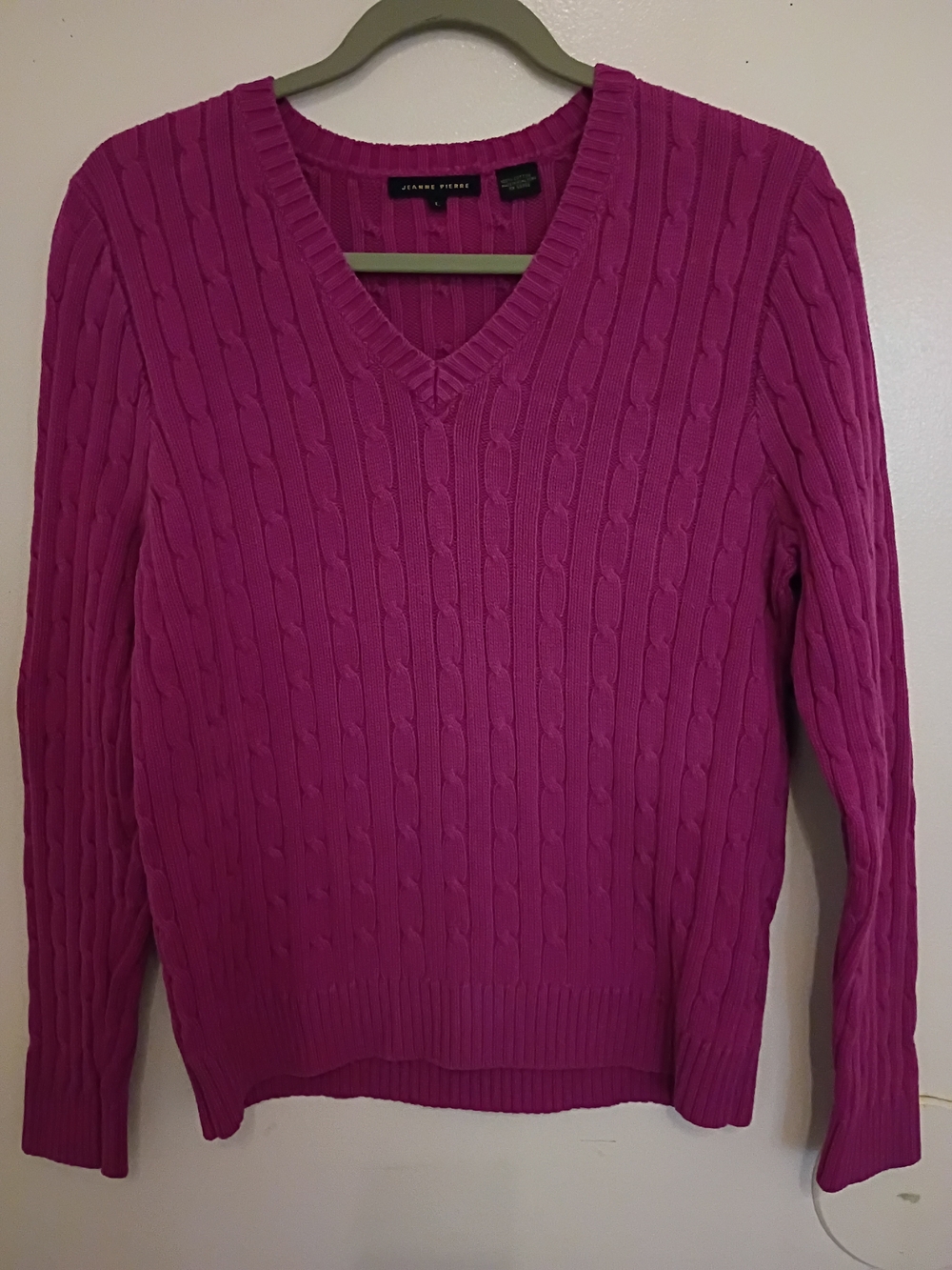 JEANNE PIERRE Women's Cable-Knit V-Neck Sweater - Fuchsia Sz L